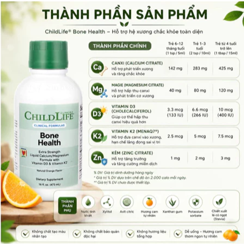 Bone Health Childlife cao cấp Hỗ trợ cho bé có hệ xương chắc khỏe với hàm lượng canxi nhiều hơn- chai 473 ml