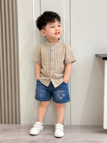 Set bộ bé trai áo sơ mi kẻ kèm quần short jean denim phong cách hàn quốc mùa hè hot hit