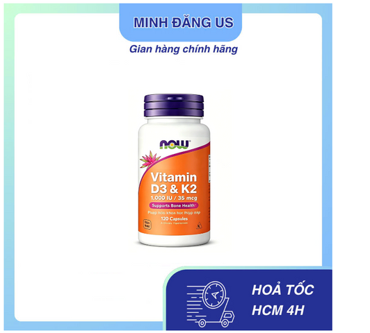 Viên uống Vitamin D3 K2 Now 120 viên - Tăng cường sức khỏe xương khớp và miễn dịch, hỗ trợ phát triển chiều cao cho trẻ em và người lớn 765651