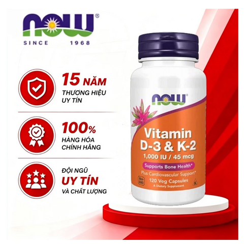 Viên uống Vitamin D3 K2 Now 120 viên - Tăng cường sức khỏe xương khớp và miễn dịch, hỗ trợ phát triển chiều cao cho trẻ em và người lớn 765651