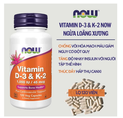 Viên uống Vitamin D3 K2 Now 120 viên - Tăng cường sức khỏe xương khớp và miễn dịch, hỗ trợ phát triển chiều cao cho trẻ em và người lớn 765651