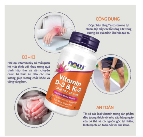 Viên uống Vitamin D3 K2 Now 120 viên - Tăng cường sức khỏe xương khớp và miễn dịch, hỗ trợ phát triển chiều cao cho trẻ em và người lớn 765651