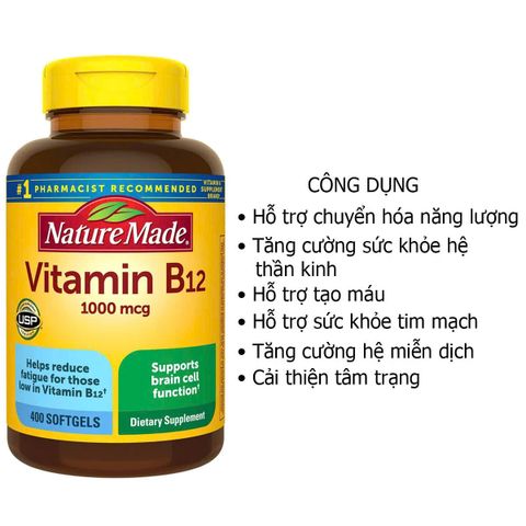Viên uống bổ sung B12, hỗ trợ quá trình tạo hồng cầu - Nature Made vitamin B12 1000mg (400 viên )