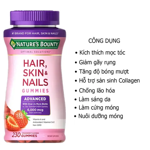 Kẹo dẻo giúp tóc, da, móng khỏe mạnh -  Nature’s Bounty Hair Skin & Nails Gummies của Mỹ (230 viên)