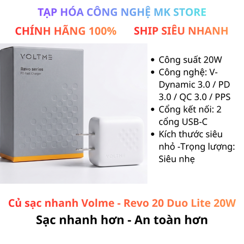 Củ sạc nhanh 20w Voltme - 2 cổng type C, nhỏ gọn, sạc nhanh chuẩn PD3.0, QC3.0, PPS