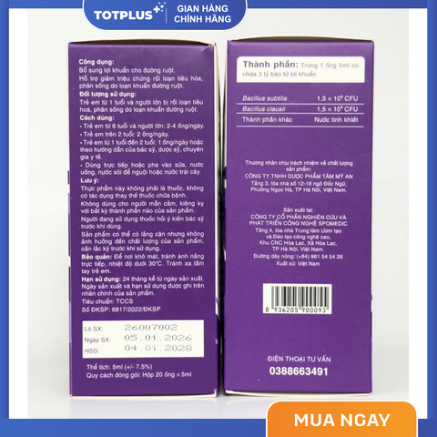Men vi sinh Rectum 3 Tỷ Bào Tử Lợi Khuẩn – Hỗ Trợ Giảm Rối Loạn Tiêu Hóa, Phân Sống Do Loạn Khuẩn đường ruột - Hộp 20 Ống