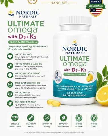 Hàng Mỹ - Nordic Naturals Ultimate Omega With D3 + K2 60 Viên - Omega 3 Thực Vật Hỗ Trợ Tim Mạch Não Bộ Xương Khớp d3k2