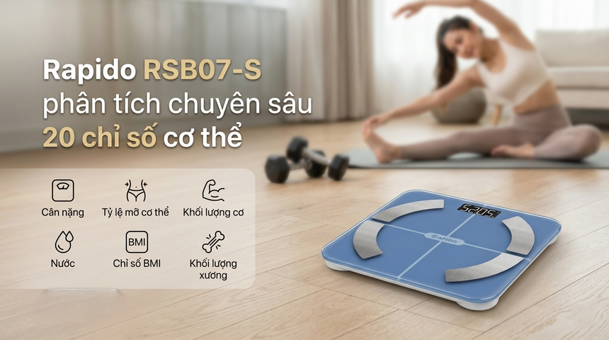 Cân sức khỏe thông minh Rapido Bluetooth RSB07-S phân tích 20 chỉ số sức khoẻ