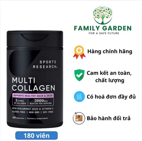 Viên uống bổ sung 5 loại collagen (I, II, III, V, X) cùng Hyaluronic Acid và Vitamin C) - Sports Research Multi Collagen Complex (180 viên)