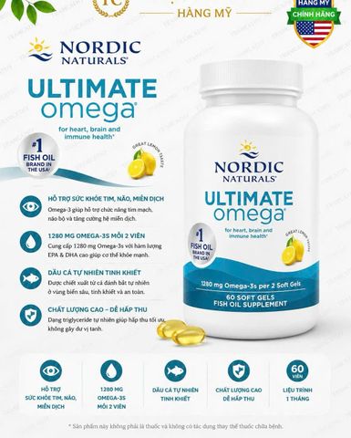 60 viên 1280 mg Nordic Naturals Ultimate Omega 60 viên - Omega-3 hàm lượng cao hỗ trợ tim mạch và não bộ Nordic Naturals Ultimate Omega 2X