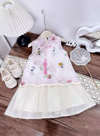 Váy đũi ba lỗ dáng xòe sườn xám mặc đi chơi trung thu mùa hè mát mẻ xinh xắn cho bé gái