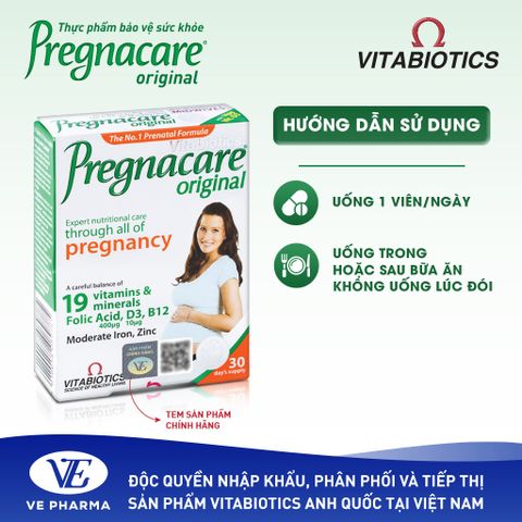 Thực Phẩm Bảo Vệ Sức Khỏe PREGNACARE ORIGINAL Bổ Sung Vitamin & Khoáng Chất Hộp 30 Viên Vitabiotics