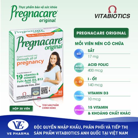 Thực Phẩm Bảo Vệ Sức Khỏe PREGNACARE ORIGINAL Bổ Sung Vitamin & Khoáng Chất Hộp 30 Viên Vitabiotics