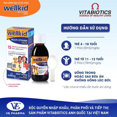 Wellkid Multi-Vitamin Liquid Vitabiotics Bổ Sung Vitamin & Khoáng Chất Cho Trẻ, Hỗ Trợ Phát Triển Toàn Diện Và Tăng Cường Đề Kháng – Chai 150ml