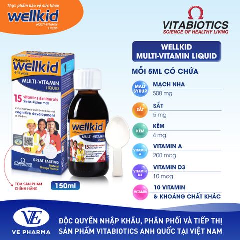 Wellkid Multi-Vitamin Liquid Vitabiotics Bổ Sung Vitamin & Khoáng Chất Cho Trẻ, Hỗ Trợ Phát Triển Toàn Diện Và Tăng Cường Đề Kháng – Chai 150ml