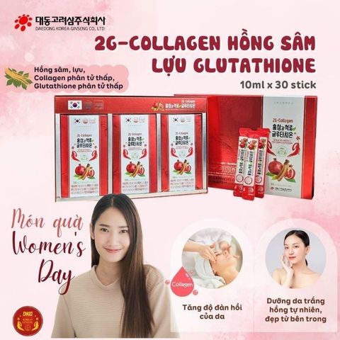 2G - Collagen Hồng Sâm Lựu Glutathione 30 Gói Stick x 10ml Hỗ Trợ Chăm Sóc Da Khỏe Đẹp, Giảm Nám và Lão Hóa Da