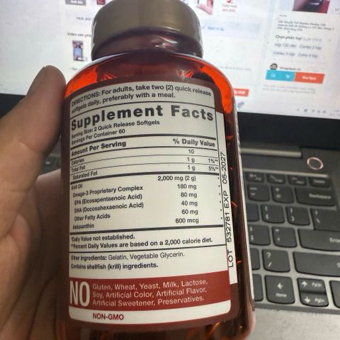 Dầu Nhuyễn Thể Vitamins Khoáng Chất Antarctic Krill Oil 2000mg Lọ 120 Viên Omega-3 EPA, DHA Hàng USA