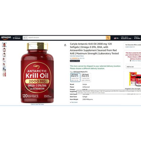 Dầu Nhuyễn Thể Vitamins Khoáng Chất Antarctic Krill Oil 2000mg Lọ 120 Viên Omega-3 EPA, DHA Hàng USA