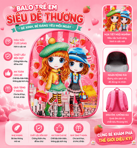 Ba lô cặp sách công chúa xinh xắn đáng yêu cho bé gái đi học đi lớp mẫu giáo 3-7 tuổi