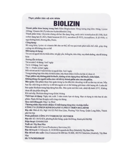 Siro bổ sung kẽm, lysine và vitamin B6 cho trẻ Biolizin (50ml)