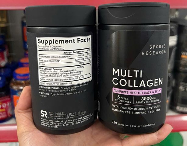 Viên uống Sports Research Multi Collagen 180 viên - Tăng Cường Sức Khỏe Da/Móng/Tóc - S/P Chuẩn Mỹ
