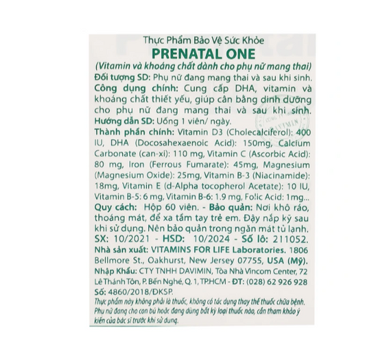 Viên uống bổ sung vitamin và khoáng chất cho phụ nữ mang thai và sau sinh Prenatal One Vitamins For Life (60 viên)