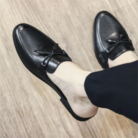 ( BAN L43 ) Sục da mềm giá rẻ Hàn Quốc, Giày sục mùa hè da đen lì thắt nơ đế cao su cao 3cm chống trơn trượt