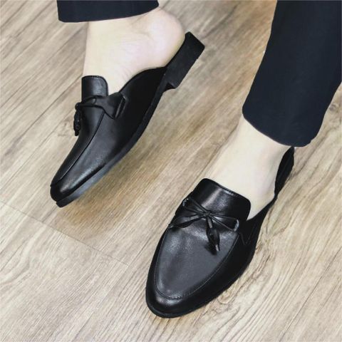 ( BAN L43 ) Sục da mềm giá rẻ Hàn Quốc, Giày sục mùa hè da đen lì thắt nơ đế cao su cao 3cm chống trơn trượt