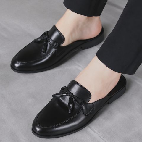 ( BAN L43 ) Sục da mềm giá rẻ Hàn Quốc, Giày sục mùa hè da đen lì thắt nơ đế cao su cao 3cm chống trơn trượt