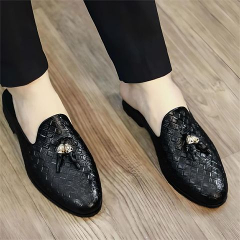 ( BAN L2 ) Giày sục nam in Caro trẻ trung, Sục da nam PU giá rẻ gắn chuông vàng thiết kế tinh tế có lót da êm ái