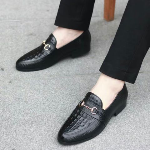 ( BAN L22 ) Giày lười in vân sần gắn mác khoá vàng, Giày da nam dự tiệc ăn cưới đế cao su đúc chống trơn trượt có khâu