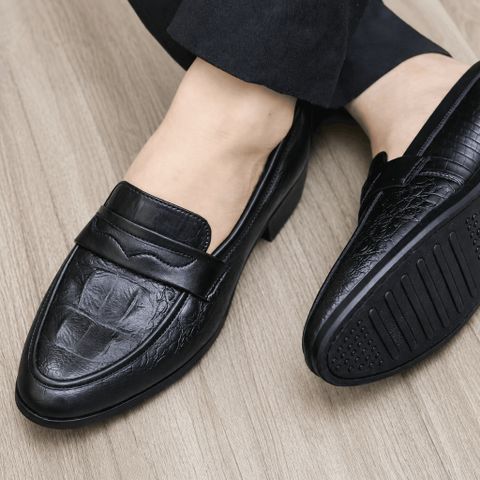 ( BAN L10 ) Giày lười in vân sần gắn băng thủng, Giày da công sở thiết kể thanh lịch đế cao 3cm có khâu