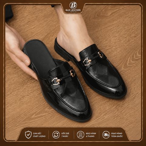 ( BAN L64 ) Sục da bóng kính in kẻ sọc trẻ trung, Giày hở gót da mềm gắn mác khoá không rỉ đế cao su đúc nguyên khối