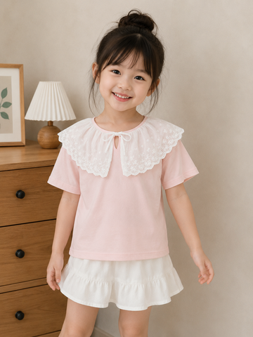 Hàng QC - Áo thun cotton chất mềm mát dáng rộng ren bèo xinh xắn điệu đà cho bé gái