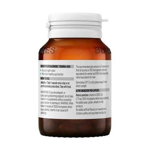 Viên uống Vitamin A 5000IU Blackmores hỗ trợ thị lực đêm, phục hồi sức khỏe mắt - Lọ 150 viên bổ sung cần thiết cho cơ thể
