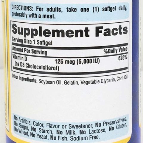 Viên uống bổ sung Vitamin D3 Puritan’s Pride Vitamin D3 125mcg (5000 IU) 100 viên của Mỹ