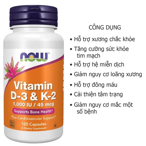 Viên uống Vitamin D3 & K2 Now 1000IU 45mcg 120 viên của Mỹ