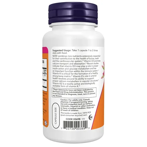Viên uống Vitamin D3 & K2 Now 1000IU 45mcg 120 viên của Mỹ
