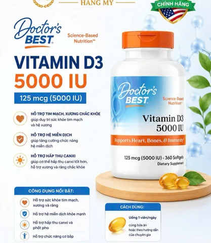 Vitamin D3 5000IU 360 Viên/180 viên - Tăng Cường Miễn Dịch, Hỗ Trợ Xương Khớp Chắc Khỏe, Ổn Định Tim Mạch