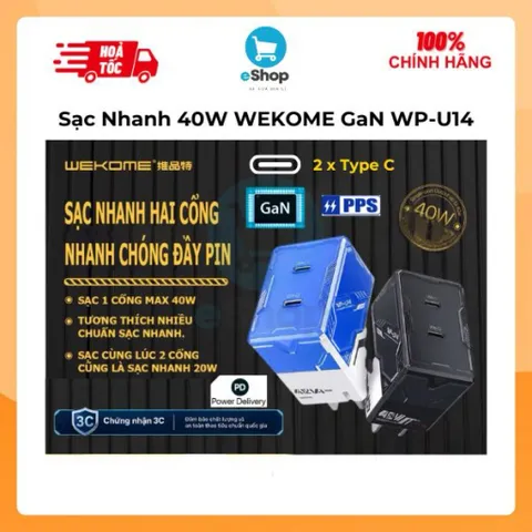 Củ Sạc Nhanh 40W WEKOME GaN WP-U14 - 2 Cổng Type C Sạc Nhanh PD/PPS Công Nghệ GaN Nhỏ Gọn