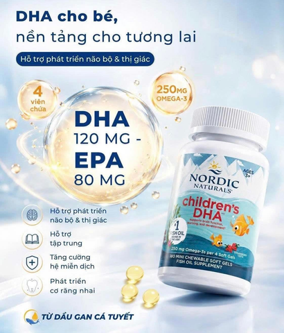 Viên Dầu Cá Cho Bé Nordic Naturals Children's DHA Vị Dâu, Sáng Mắt, Phát Triển Trí Não 180 viên