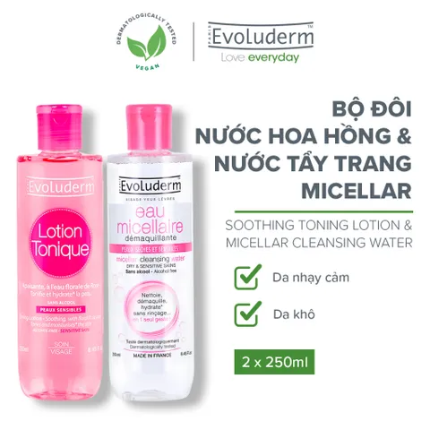 [LIVE T10] Combo chăm da khô, nhạy cảm với nước tẩy trang và nước hoa hồng Evoluderm 250ml