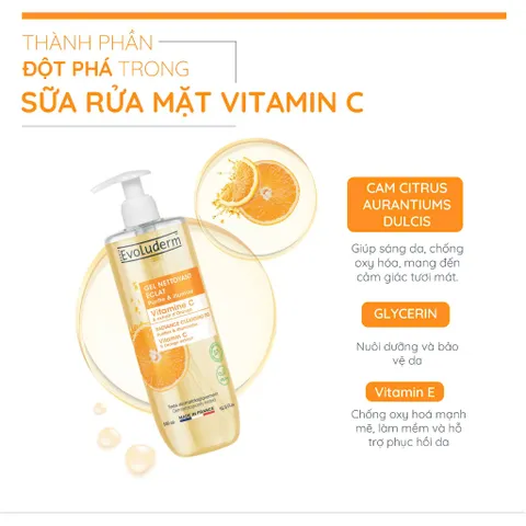 Sữa Rửa Mặt Vitamin C Evoluderm thiên nhiên thuần chay, làm sạch sâu dưỡng da trắng sáng 500ml (QT)
