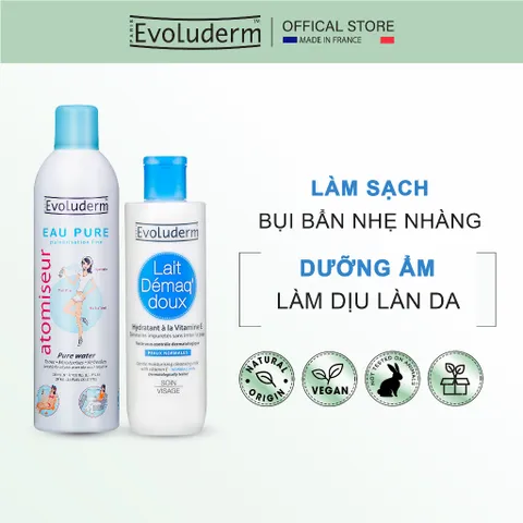 Bộ Xịt khoáng cấp ẩm Evoluderm 400ml và Sữa tẩy trang rửa mặt dành cho da thường Evoluderm 250ml