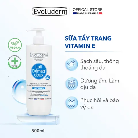 [EVOLUDERM] Sữa tẩy trang EVOLUDERM GENTLE MAKE-UP REMOVER - MOISTURIZING, WITH VITAMIN E - NORMAL SKIN 500ml