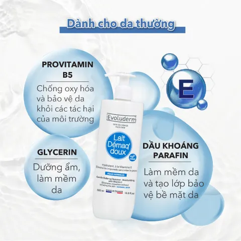 [EVOLUDERM] Sữa tẩy trang EVOLUDERM GENTLE MAKE-UP REMOVER - MOISTURIZING, WITH VITAMIN E - NORMAL SKIN 500ml