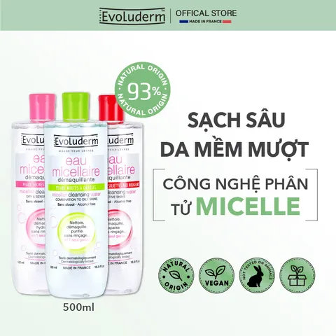 Nước Tẩy Trang không cồn Evoluderm thiên nhiên thuần chay, làm sạch sâu, da mịn màng 500ml (QT)