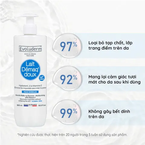[EVOLUDERM] Sữa tẩy trang EVOLUDERM GENTLE MAKE-UP REMOVER - MOISTURIZING, WITH VITAMIN E - NORMAL SKIN 500ml