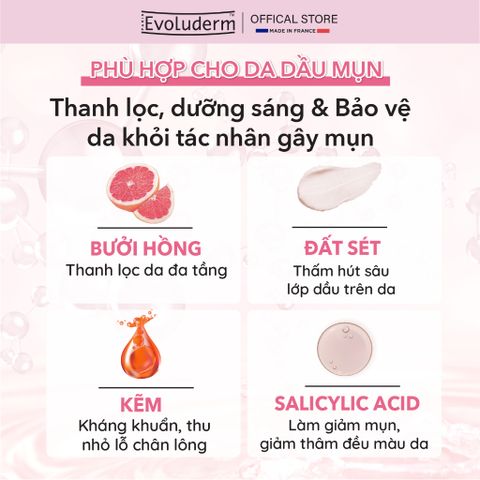 Sữa rửa mặt và Mặt nạ 2 in 1 Evoluderm giúp da sạch sâu, thông thoáng giảm mụn hiệu quả 150ml (17323) (QT)