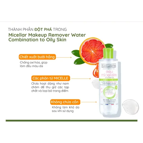 [EVOLUDERM] COMBO 02 Nước tẩy trang EVOLUDERM MICELLAR CLEANSING WATER COMBINATION TO OILY SKINS 250ml